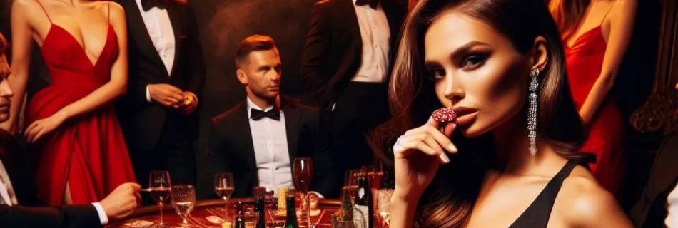 Een elegante vrouw in een zwarte avondjurk bij een roulettetafel in een luxueus casino, omringd door stijlvol geklede mensen in een sfeer van exclusiviteit en spanning