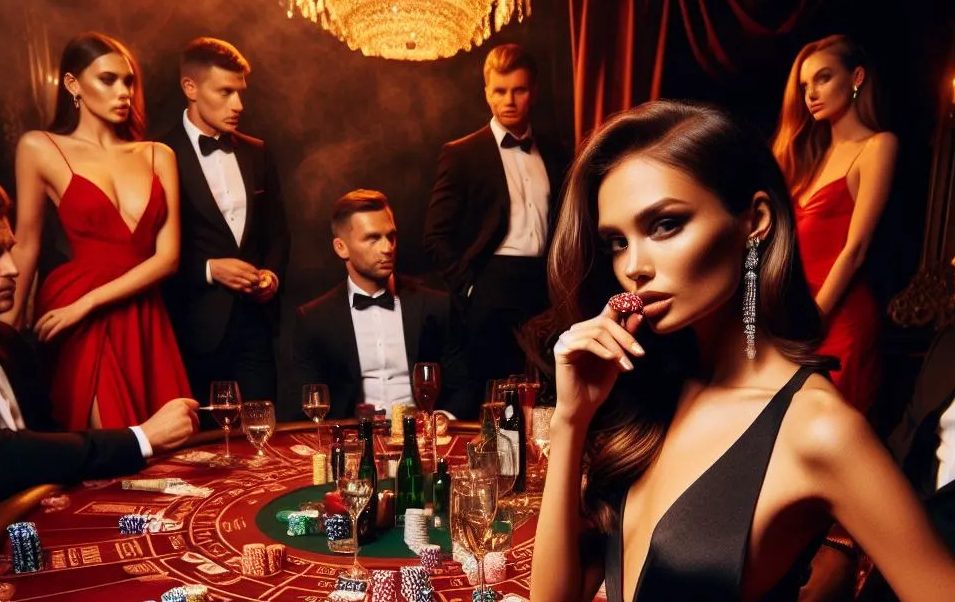 Een elegante vrouw in een zwarte avondjurk bij een roulettetafel in een luxueus casino, omringd door stijlvol geklede mensen in een sfeer van exclusiviteit en spanning
